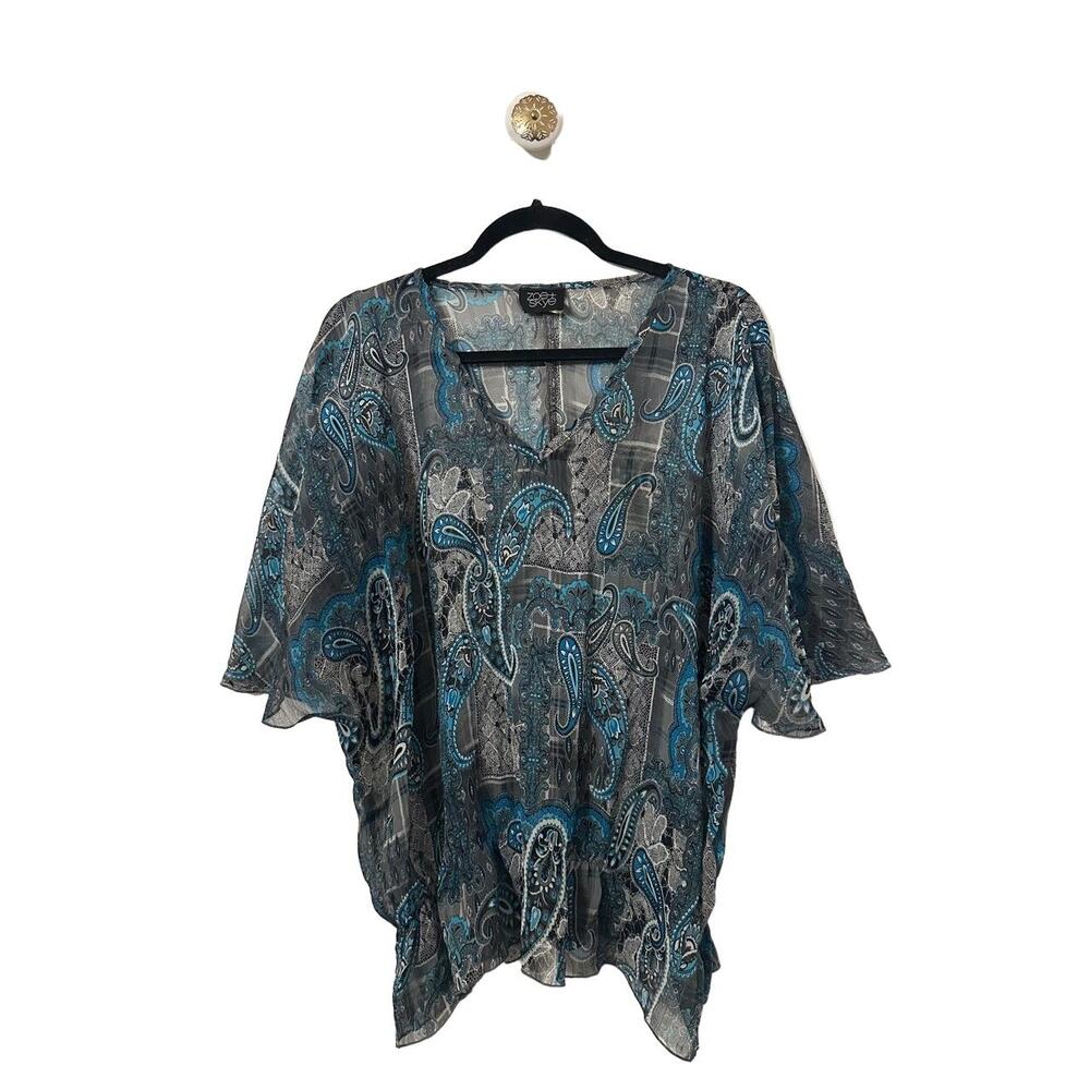 Zoe Skye Top Women XL Sheer Teal Gray Caftan Paisley Print VNeck Short Sleeves